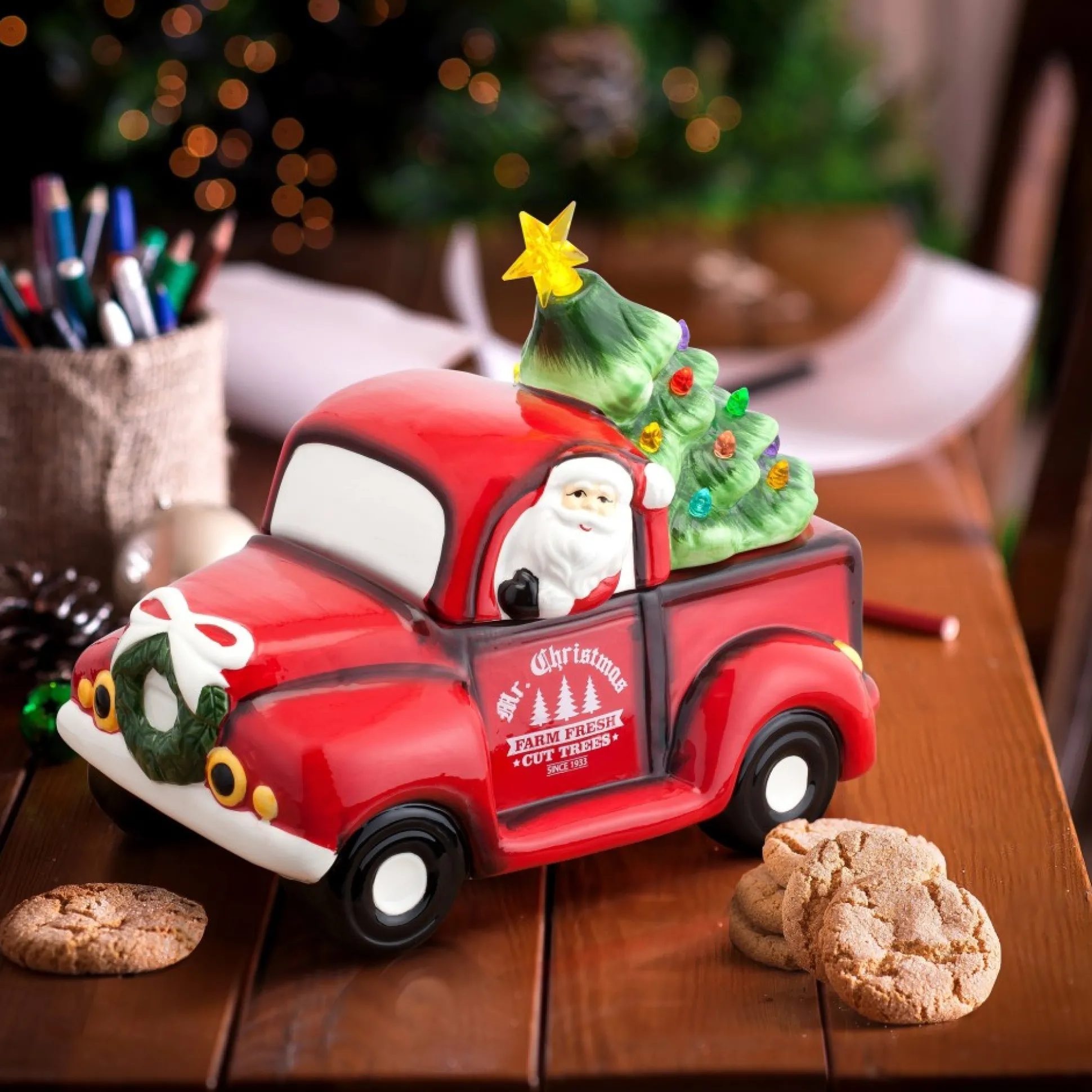 New Mr. Christmas 10.5" Nostalgic Ceramic Lit Truck Cookie Jar