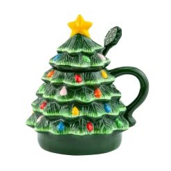 Hot Mr. Christmas Nostalgic Ceramic Tree Lidded Mug With Spoon - Green